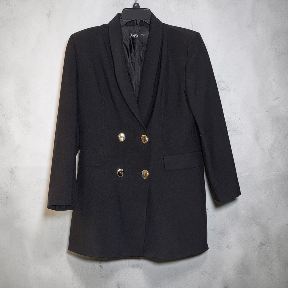 Zara Black Double Breasted Blazer Dress Gold Buttons Shawl Lapel XL